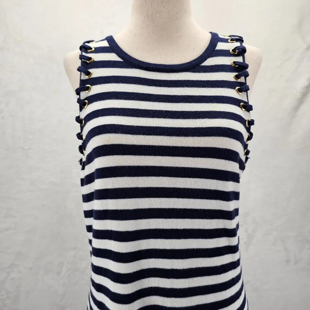 Michael Kors Ladies Navy‎ Blue & White Striped Tank Dress Lace Sleeveless Small